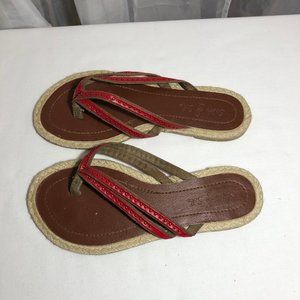 Red leather strappy flip flops thongs